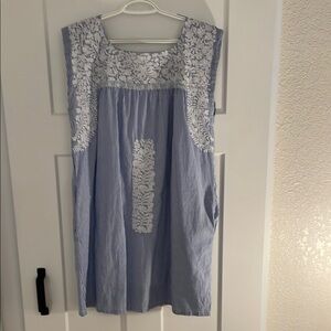 Mi Golondrina Blue and White Embellished Mini Sundress